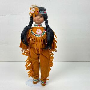 Native American Porcelain Girl Doll Fringe Pants & Top Embroidery Trim 14" Tall